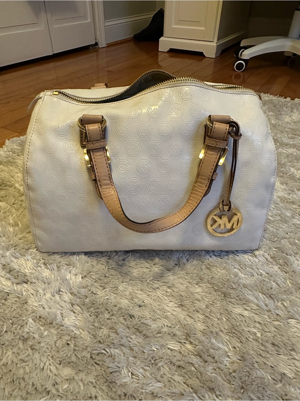 Michael Kors Cream Satchel with Tan Handles and Gold Charm